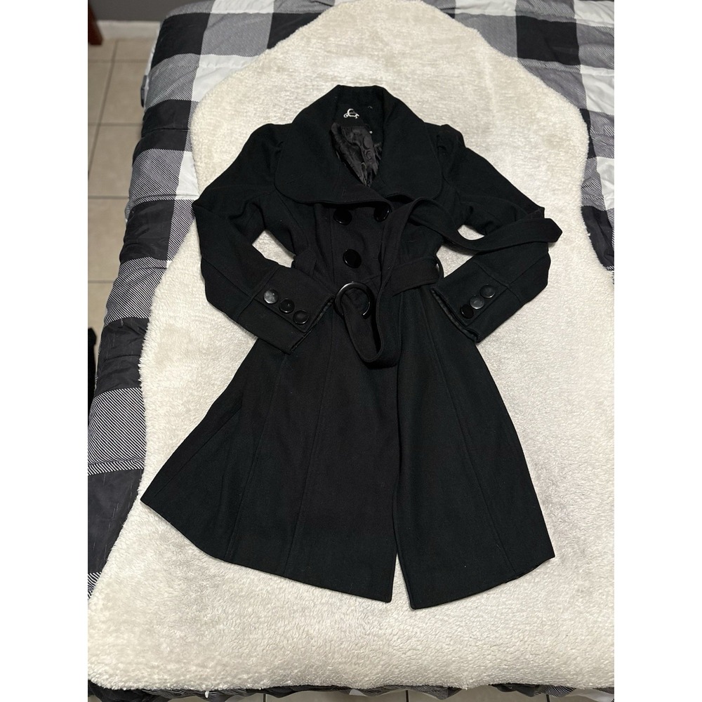 Guess Women's Black Wool Blend Trench Button Coat Belt Size Large